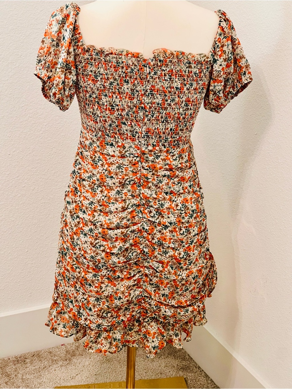Astr Orange Floral Ruched Puff-Sleeve Mini Dress Cottagecore M - Picture 4 of 10